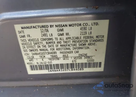 2007 Nissan Maxima 3.5 Sl из США, поврежденный, VIN 1N4BA41E07C844089